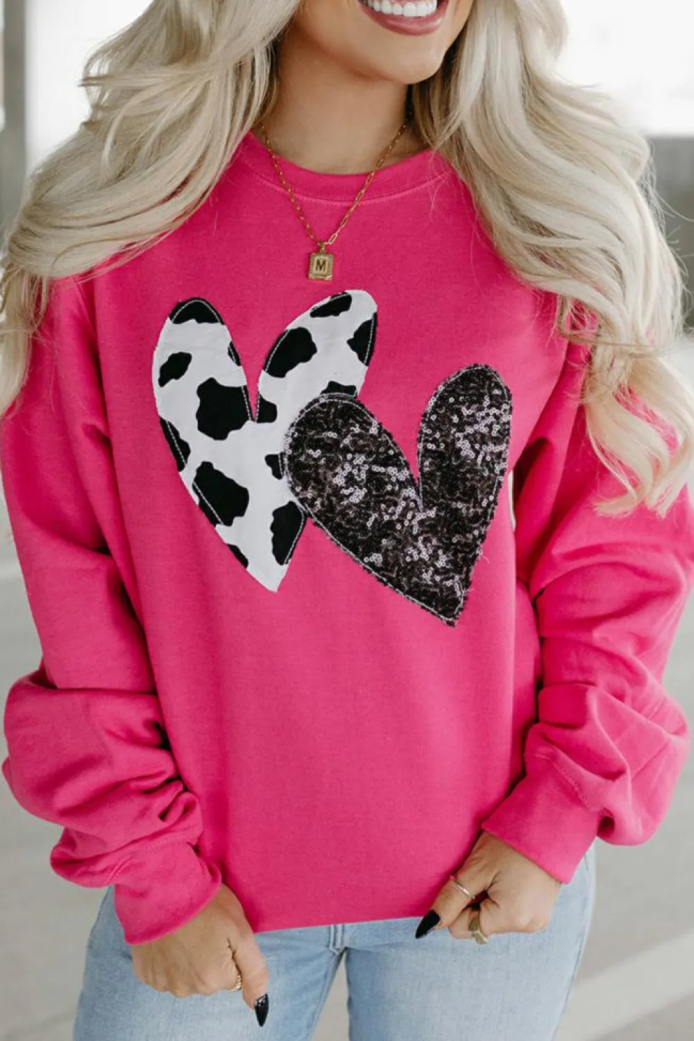 Online Dear-Lover Cow & Sequin Double Heart Patch Graphic Sweatshirt Strawberry Pink