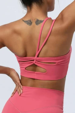 Discount Dear-Lover Dual Straps Cutout One Shoulder Workout Bra Strawberry Pink