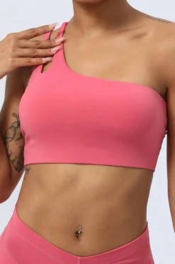 Discount Dear-Lover Dual Straps Cutout One Shoulder Workout Bra Strawberry Pink