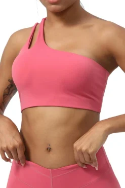 Discount Dear-Lover Dual Straps Cutout One Shoulder Workout Bra Strawberry Pink