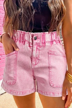 Best Dear-Lover Elastic High Waisted Denim Shorts Strawberry Pink