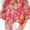 New Dear-Lover Floral Print Smocked Cuff Puff Sleeve Shirt Strawberry Pink