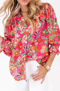 New Dear-Lover Floral Print Smocked Cuff Puff Sleeve Shirt Strawberry Pink