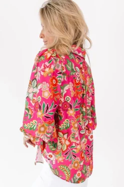 New Dear-Lover Floral Print Smocked Cuff Puff Sleeve Shirt Strawberry Pink