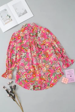 New Dear-Lover Floral Print Smocked Cuff Puff Sleeve Shirt Strawberry Pink