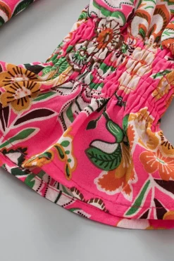 New Dear-Lover Floral Print Smocked Cuff Puff Sleeve Shirt Strawberry Pink