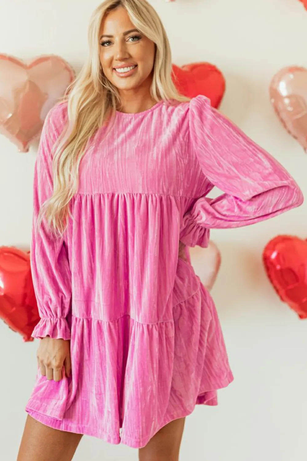 New Dear-Lover Flounce Sleeve Tiered Ruffled Velvet Mini Dress Strawberry Pink