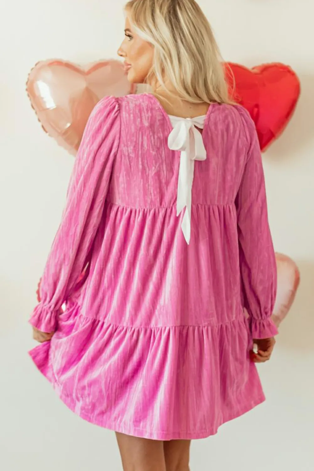 New Dear-Lover Flounce Sleeve Tiered Ruffled Velvet Mini Dress Strawberry Pink