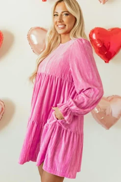 New Dear-Lover Flounce Sleeve Tiered Ruffled Velvet Mini Dress Strawberry Pink