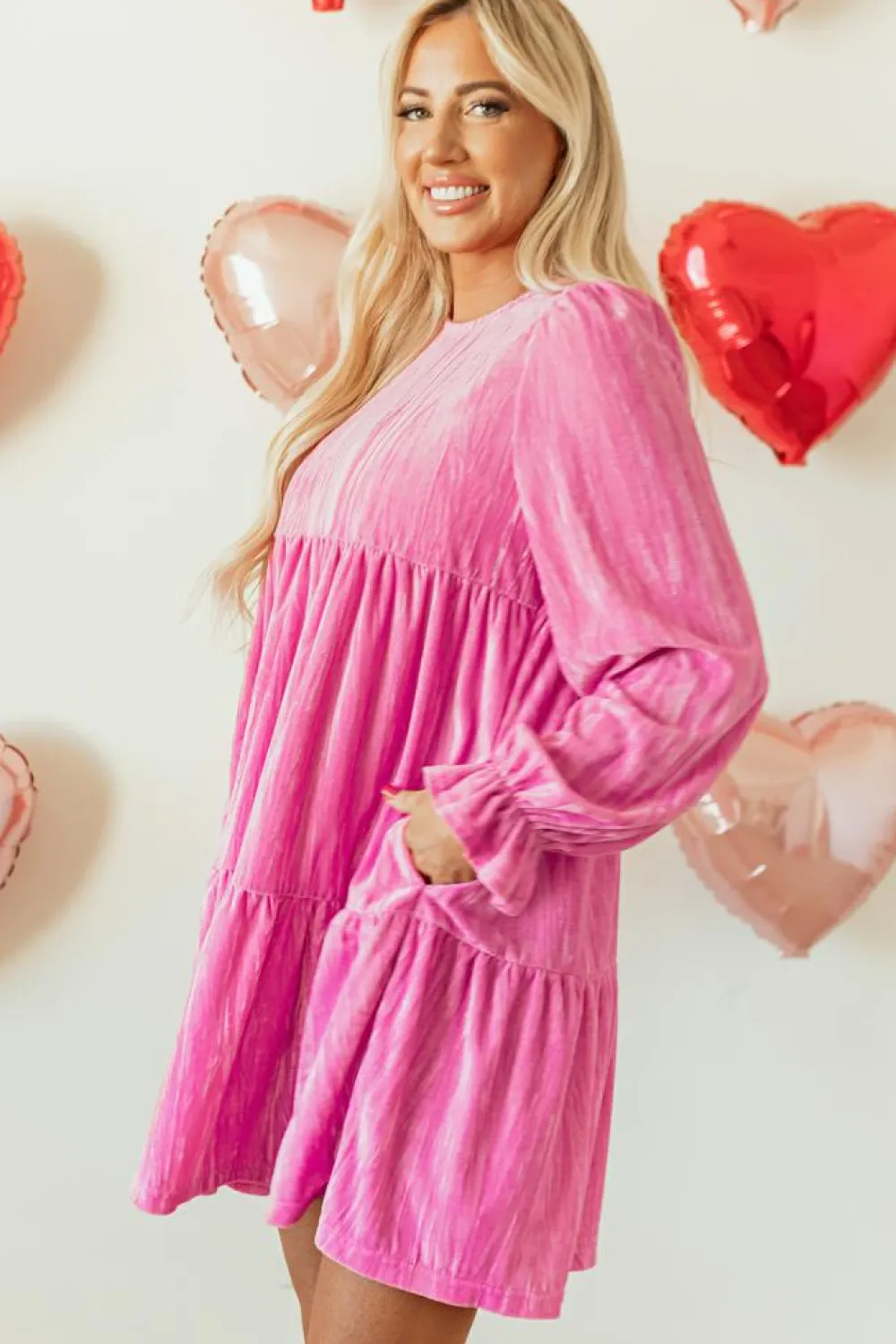New Dear-Lover Flounce Sleeve Tiered Ruffled Velvet Mini Dress Strawberry Pink