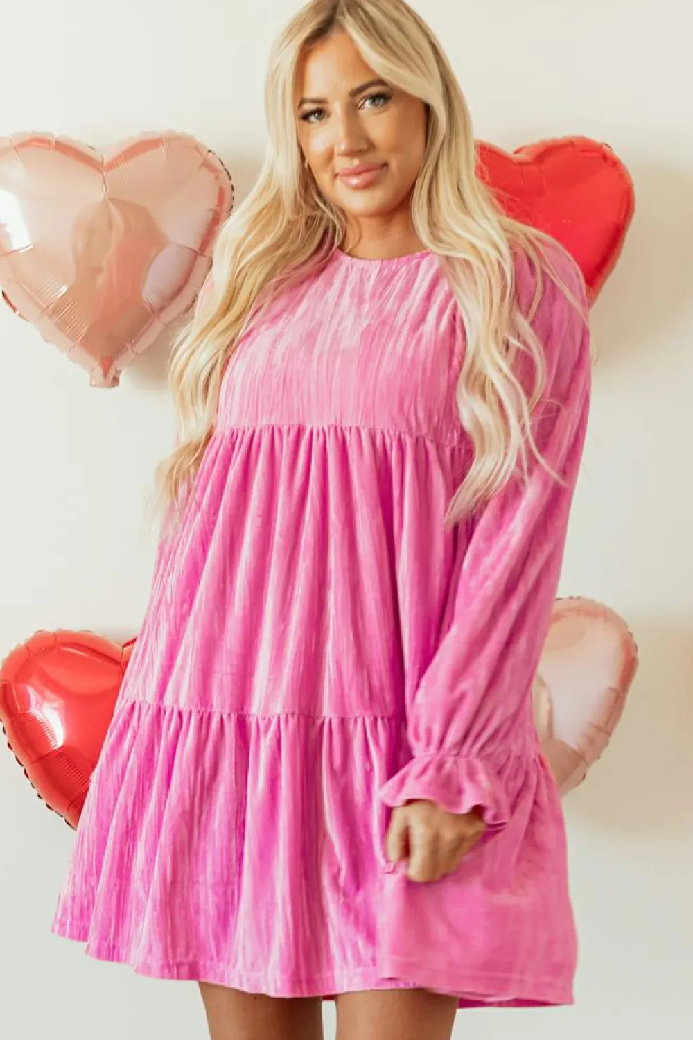 New Dear-Lover Flounce Sleeve Tiered Ruffled Velvet Mini Dress Strawberry Pink