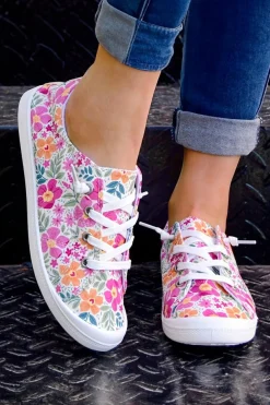 Hot Dear-Lover Flower Print Lace-up Decor Slip-on Canvas Shoes Strawberry Pink