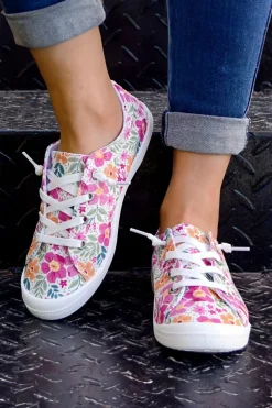 Hot Dear-Lover Flower Print Lace-up Decor Slip-on Canvas Shoes Strawberry Pink