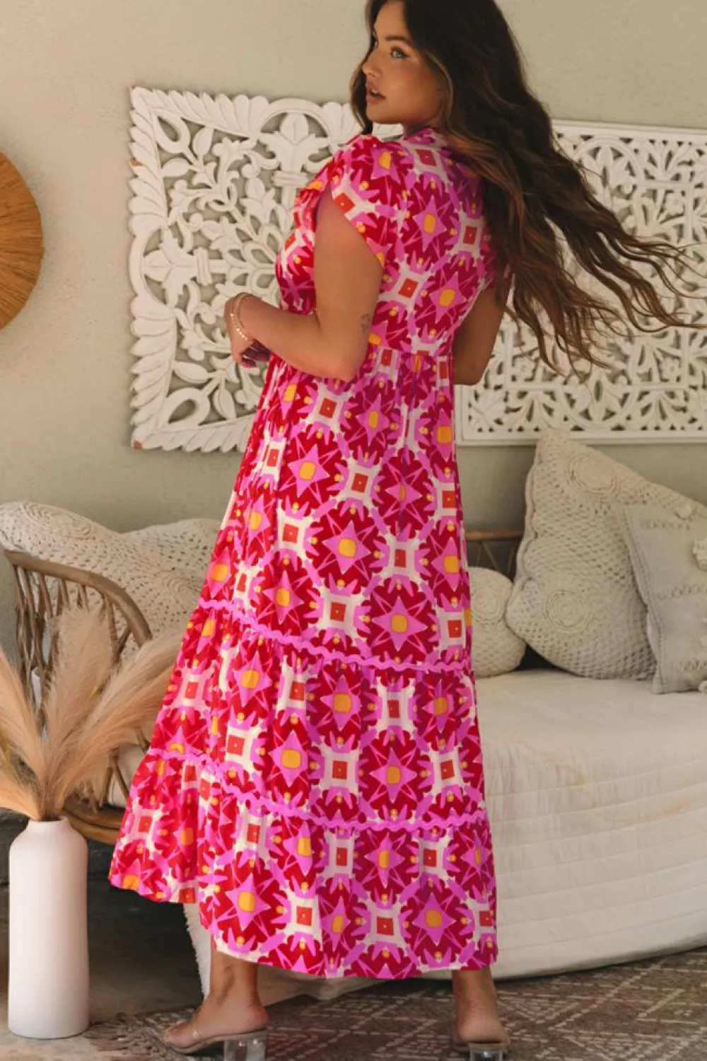 Outlet Dear-Lover Geo Print V-neck Maxi Dress Strawberry Pink