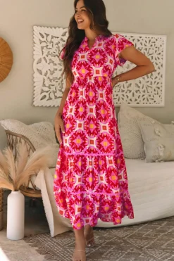 Outlet Dear-Lover Geo Print V-neck Maxi Dress Strawberry Pink