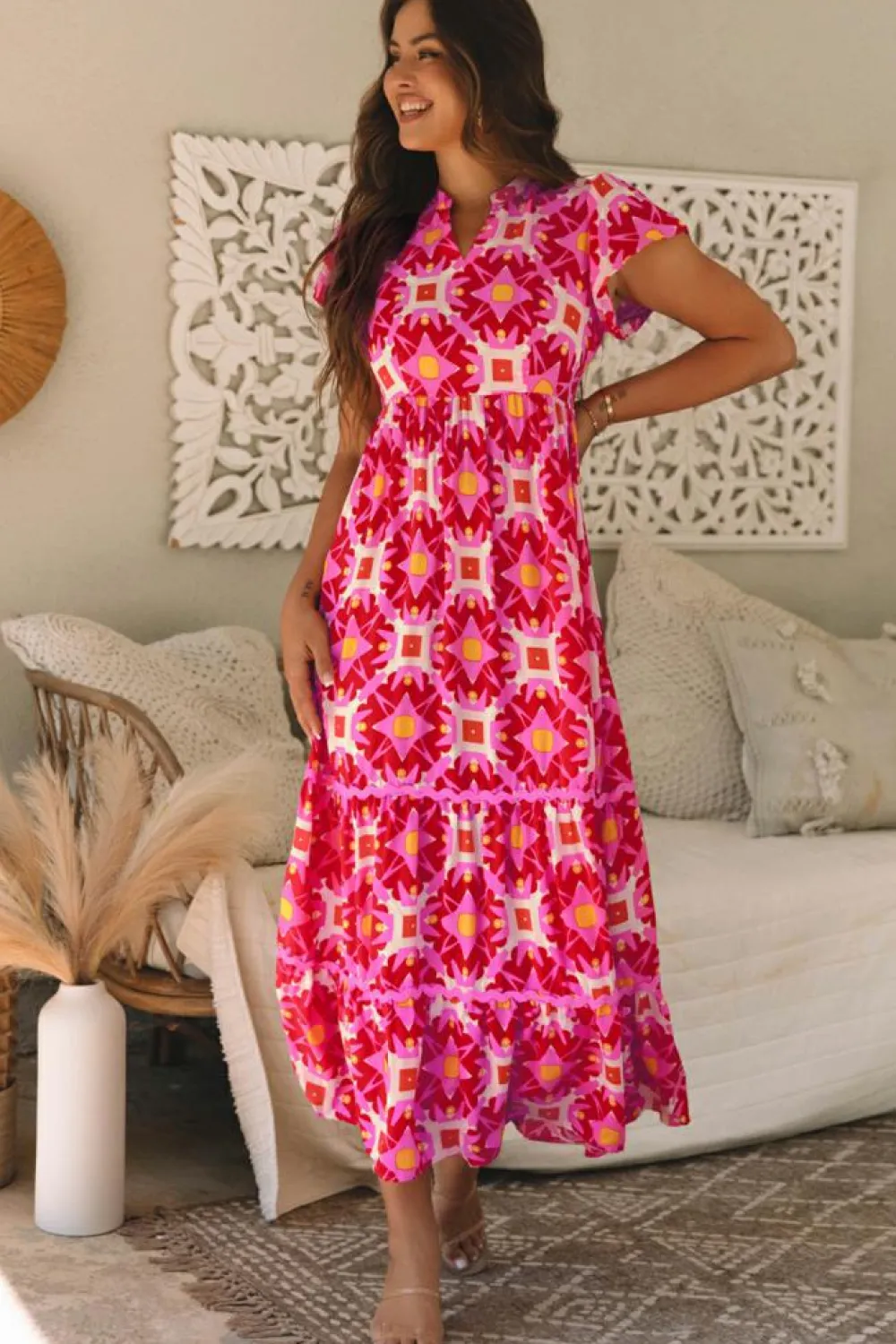 Outlet Dear-Lover Geo Print V-neck Maxi Dress Strawberry Pink