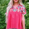 Fashion Dear-Lover Geometric Embroidered Tassel Tie V Neck Blouse Strawberry Pink