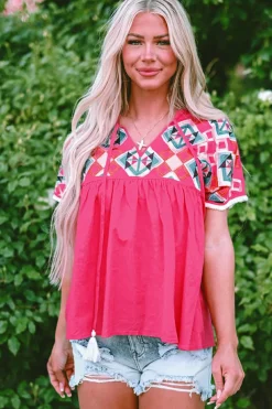 Fashion Dear-Lover Geometric Embroidered Tassel Tie V Neck Blouse Strawberry Pink