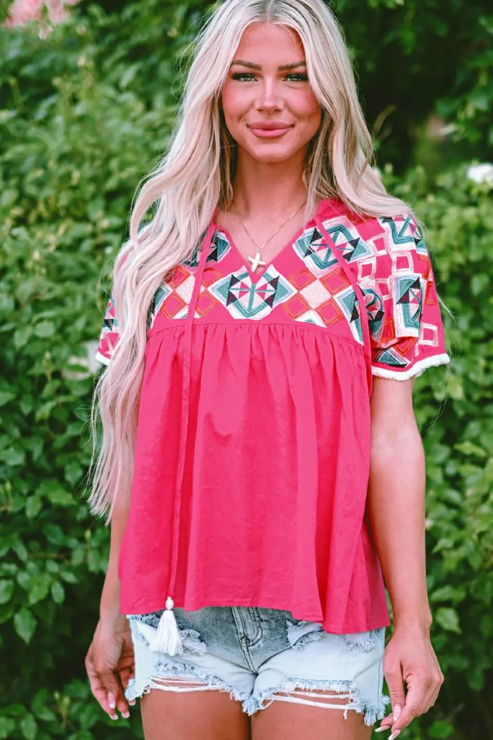 Fashion Dear-Lover Geometric Embroidered Tassel Tie V Neck Blouse Strawberry Pink