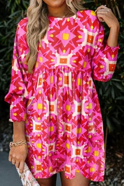 Outlet Dear-Lover Geometric Print Smocked Long Sleeve Mini Dress Strawberry Pink