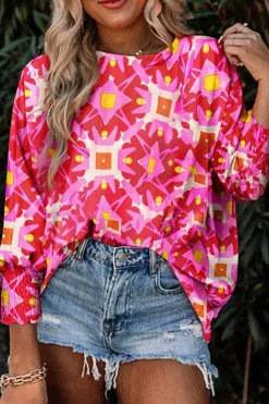 Online Dear-Lover Geometric Print Shirred Cuff 3/4 Sleeve Loose Blouse Strawberry Pink