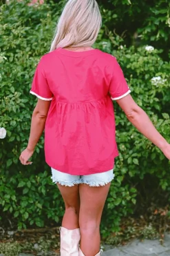 Fashion Dear-Lover Geometric Embroidered Tassel Tie V Neck Blouse Strawberry Pink