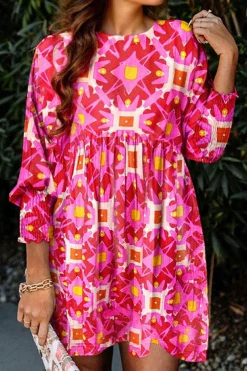 Outlet Dear-Lover Geometric Print Smocked Long Sleeve Mini Dress Strawberry Pink