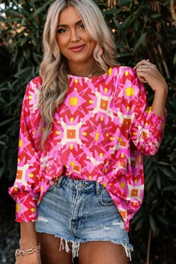 Online Dear-Lover Geometric Print Shirred Cuff 3/4 Sleeve Loose Blouse Strawberry Pink