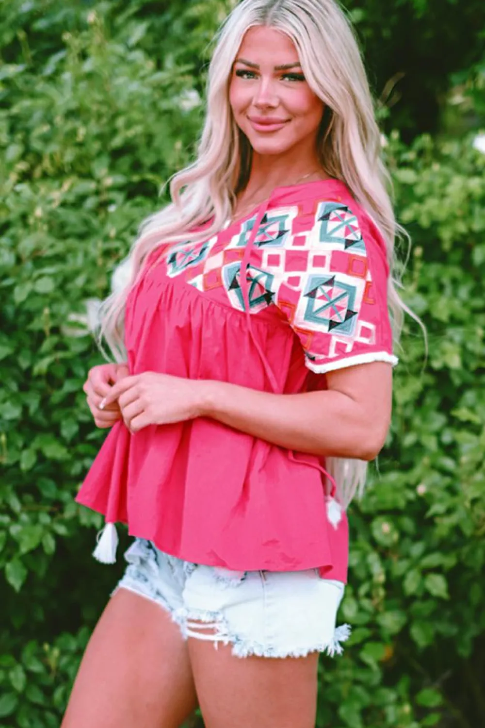 Fashion Dear-Lover Geometric Embroidered Tassel Tie V Neck Blouse Strawberry Pink