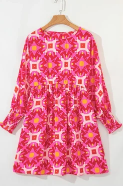 Outlet Dear-Lover Geometric Print Smocked Long Sleeve Mini Dress Strawberry Pink