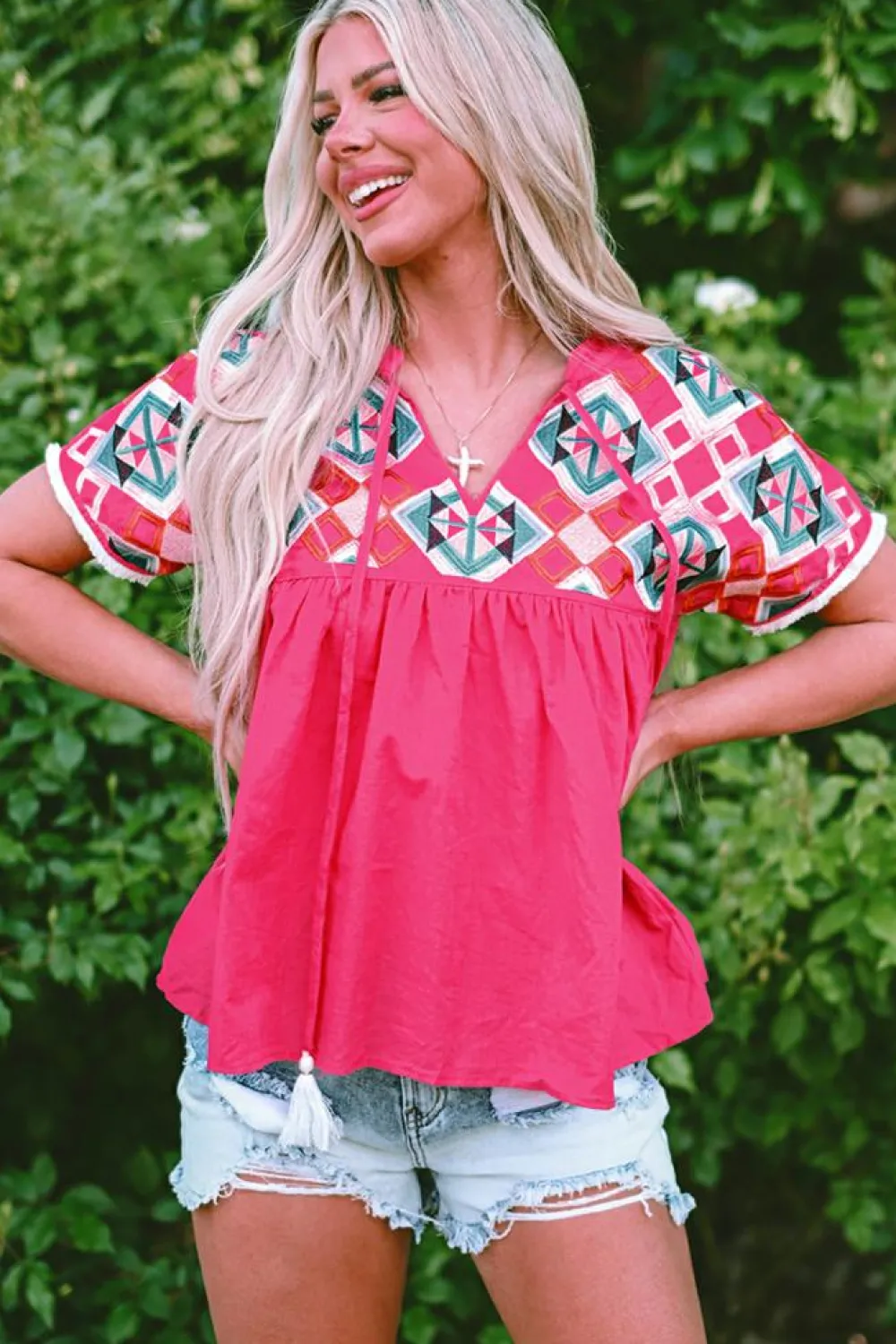 Fashion Dear-Lover Geometric Embroidered Tassel Tie V Neck Blouse Strawberry Pink