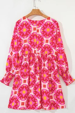 Outlet Dear-Lover Geometric Print Smocked Long Sleeve Mini Dress Strawberry Pink
