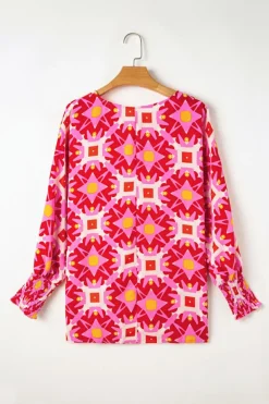 Online Dear-Lover Geometric Print Shirred Cuff 3/4 Sleeve Loose Blouse Strawberry Pink