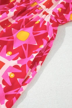 Outlet Dear-Lover Geometric Print Smocked Long Sleeve Mini Dress Strawberry Pink
