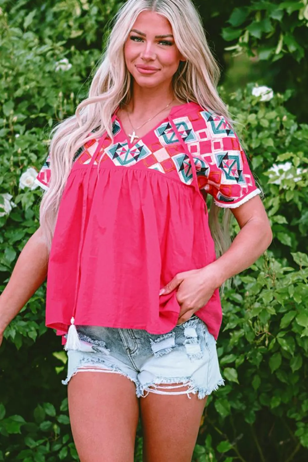 Fashion Dear-Lover Geometric Embroidered Tassel Tie V Neck Blouse Strawberry Pink
