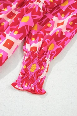Outlet Dear-Lover Geometric Print Smocked Long Sleeve Mini Dress Strawberry Pink