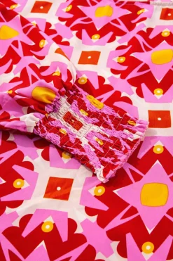 Online Dear-Lover Geometric Print Shirred Cuff 3/4 Sleeve Loose Blouse Strawberry Pink