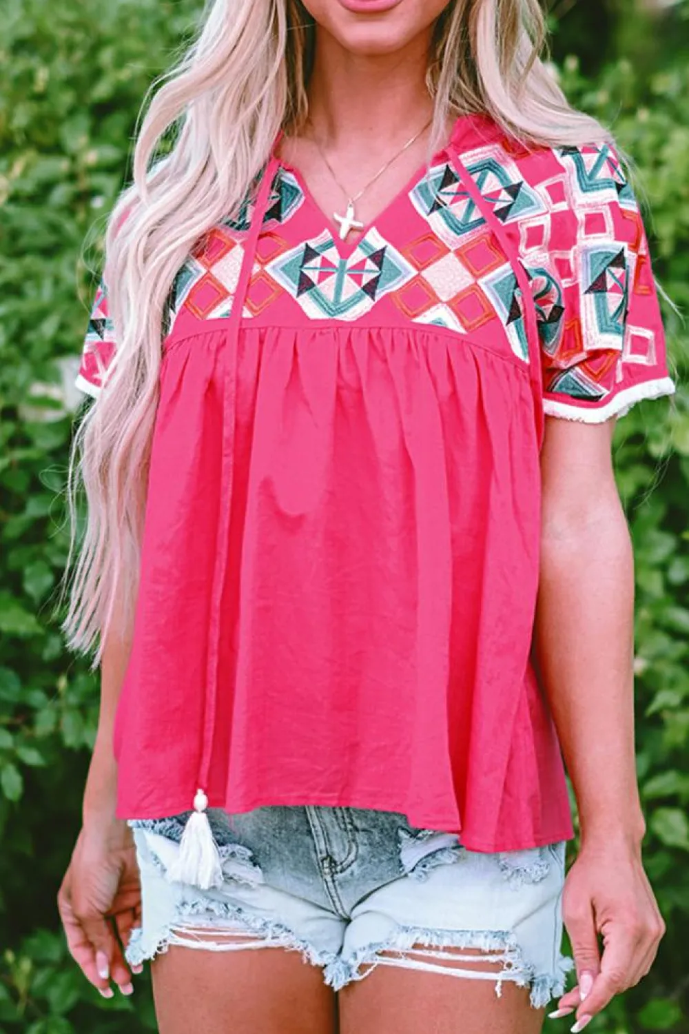 Fashion Dear-Lover Geometric Embroidered Tassel Tie V Neck Blouse Strawberry Pink