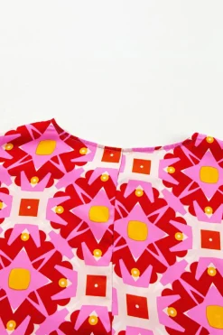 Online Dear-Lover Geometric Print Shirred Cuff 3/4 Sleeve Loose Blouse Strawberry Pink