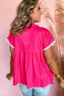 Fashion Dear-Lover Geometric Embroidered Tassel Tie V Neck Blouse Strawberry Pink