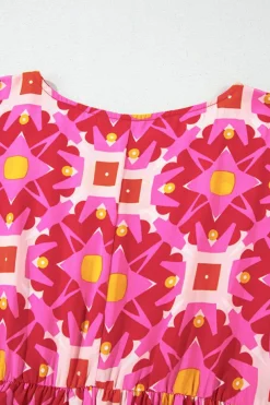 Outlet Dear-Lover Geometric Print Smocked Long Sleeve Mini Dress Strawberry Pink