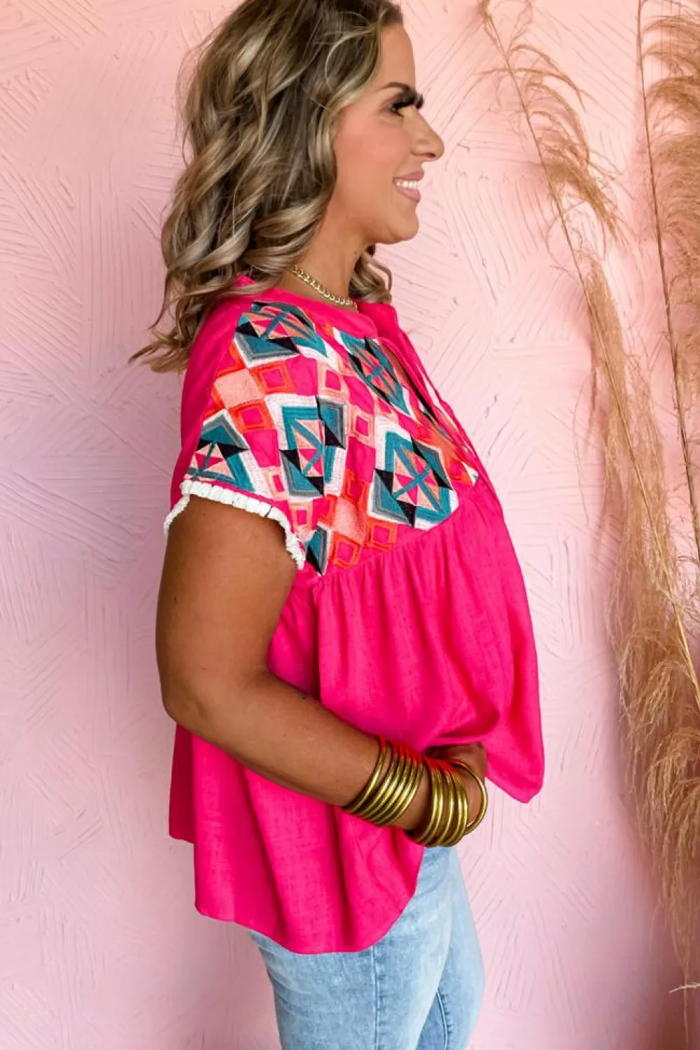 Fashion Dear-Lover Geometric Embroidered Tassel Tie V Neck Blouse Strawberry Pink