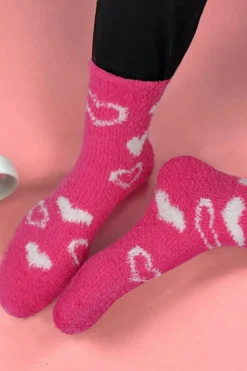Discount Dear-Lover Heart Shape Print Coral Fleece Thick Crew Socks Strawberry Pink