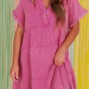 New Dear-Lover Mineral Wash Crinkle Split Neck Raw Hem Tiered Dress Strawberry Pink