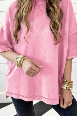 Hot Dear-Lover Mineral Wash Exposed Seam Drop Shoulder Oversized Tee Strawberry Pink