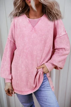 Discount Dear-Lover Mineral Wash Drop Shoulder Pullover Sweatshirt Strawberry Pink
