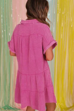 New Dear-Lover Mineral Wash Crinkle Split Neck Raw Hem Tiered Dress Strawberry Pink
