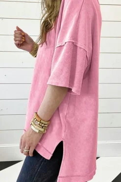 Hot Dear-Lover Mineral Wash Exposed Seam Drop Shoulder Oversized Tee Strawberry Pink