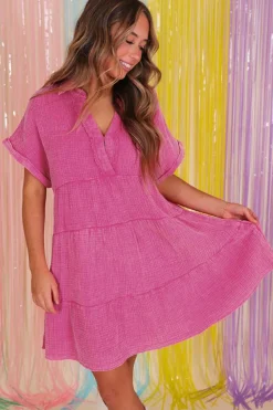 New Dear-Lover Mineral Wash Crinkle Split Neck Raw Hem Tiered Dress Strawberry Pink