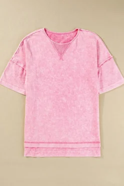 Hot Dear-Lover Mineral Wash Exposed Seam Drop Shoulder Oversized Tee Strawberry Pink